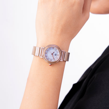 Reloj Cloe Análogo para Dama con Doble Bisel Estriado y Extensible de Acero Inoxidable OE2614