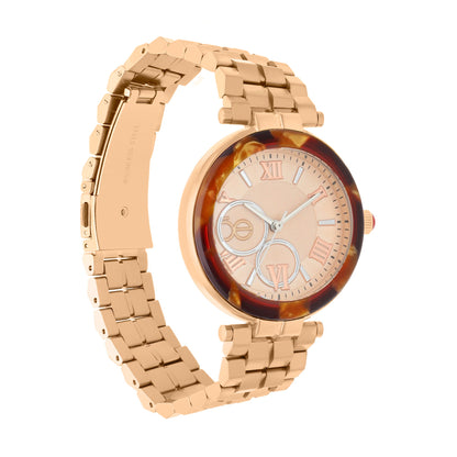 Reloj Cloe Análogo para Dama con Bisel Acabado Carey y Extensible de Acero Inoxidable OE2615