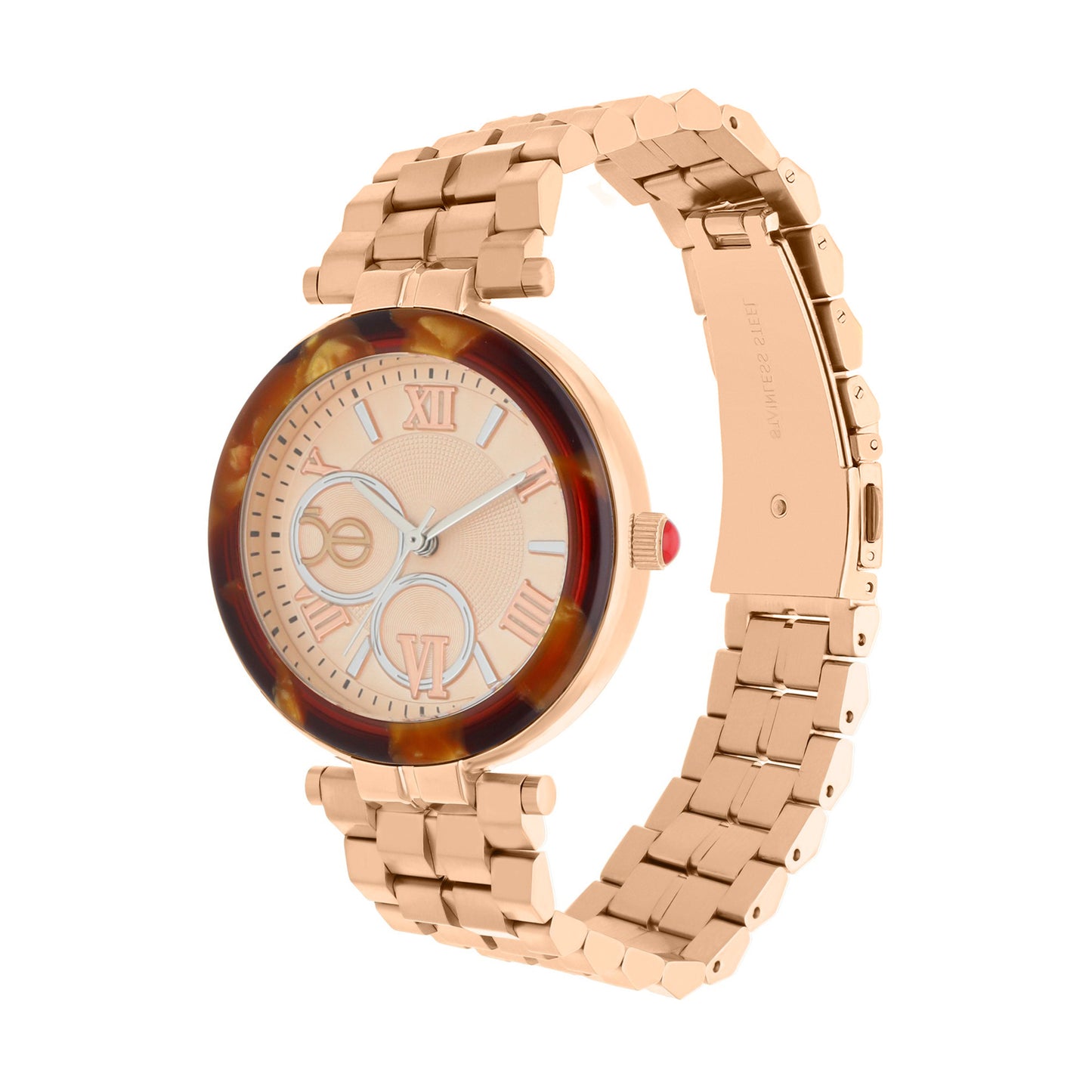 Reloj Cloe Análogo para Dama con Bisel Acabado Carey y Extensible de Acero Inoxidable OE2615