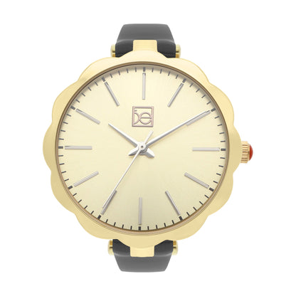 Reloj Cloe Análogo para Dama con Bisel en Forma de Flor y Correa de Charol