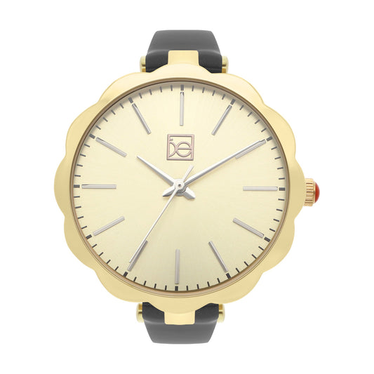 Reloj Cloe Análogo para Dama con Bisel en Forma de Flor y Correa de Charol