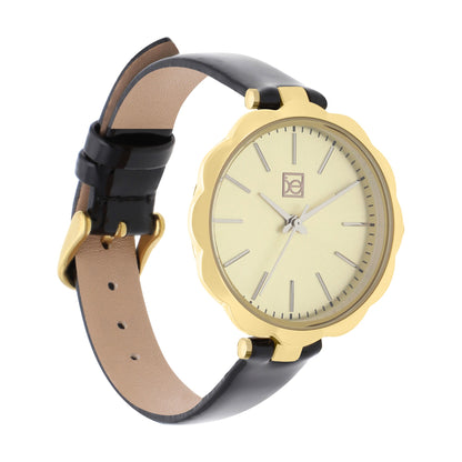 Reloj Cloe Análogo para Dama con Bisel en Forma de Flor y Correa de Charol