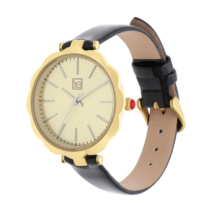 Reloj Cloe Análogo para Dama con Bisel en Forma de Flor y Correa de Charol