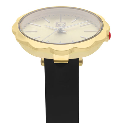 Reloj Cloe Análogo para Dama con Bisel en Forma de Flor y Correa de Charol