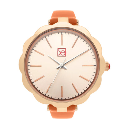 Reloj Cloe Análogo para Dama con Bisel en Forma de Flor y Correa de Charol