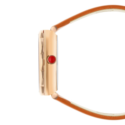 Reloj Cloe Análogo para Dama con Bisel en Forma de Flor y Correa de Charol