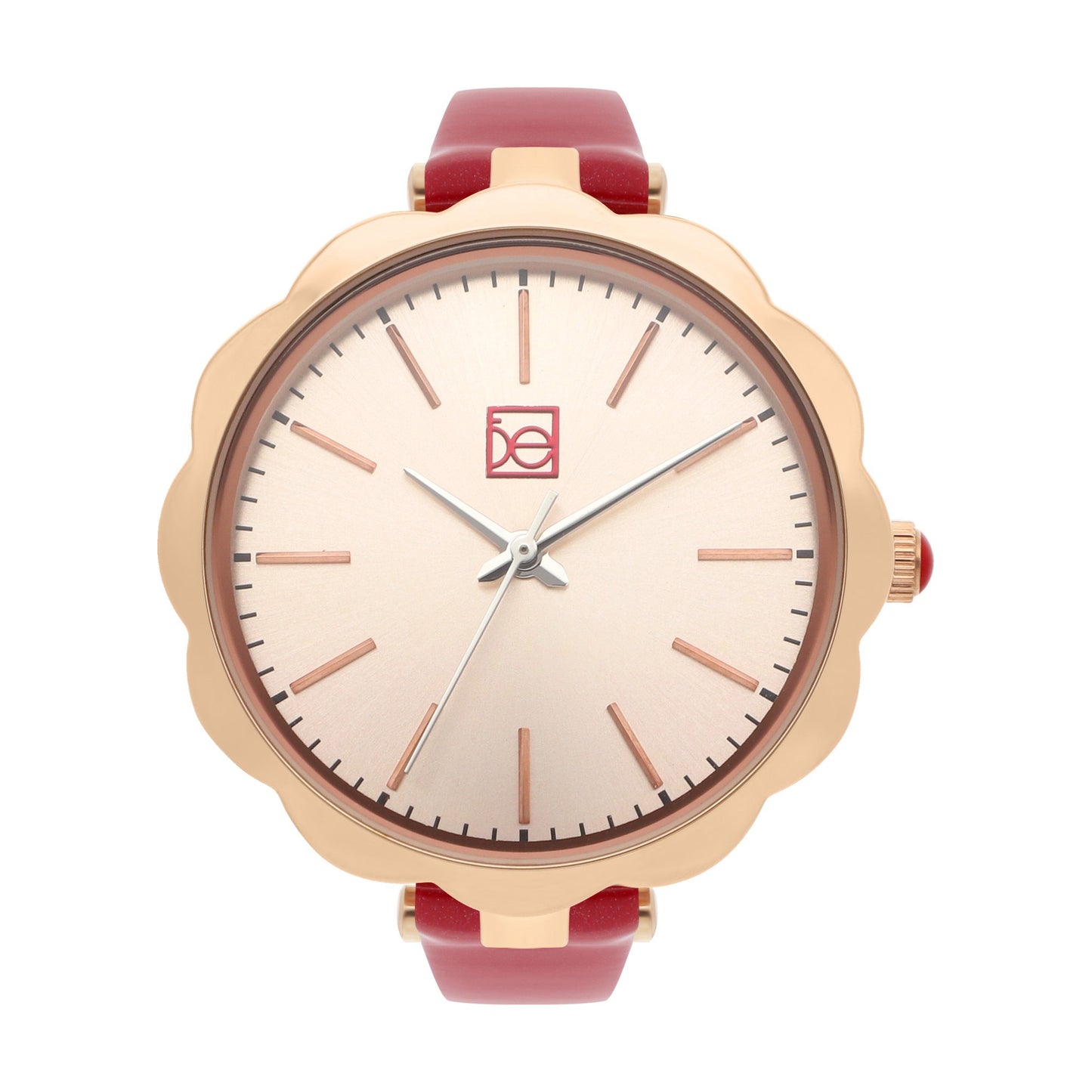 Reloj Cloe Análogo para Dama con Bisel en Forma de Flor y Correa de Charol