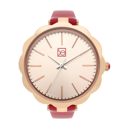 Reloj Cloe Análogo para Dama con Bisel en Forma de Flor y Correa de Charol