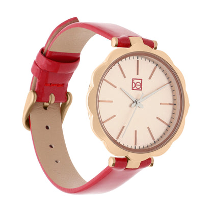 Reloj Cloe Análogo para Dama con Bisel en Forma de Flor y Correa de Charol