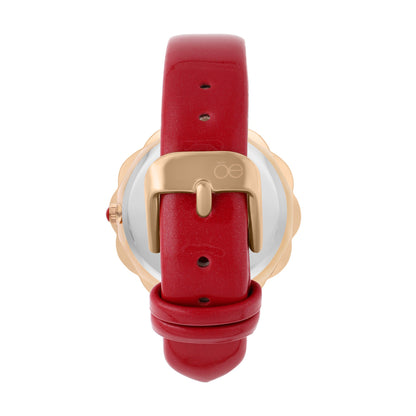 Reloj Cloe Análogo para Dama con Bisel en Forma de Flor y Correa de Charol