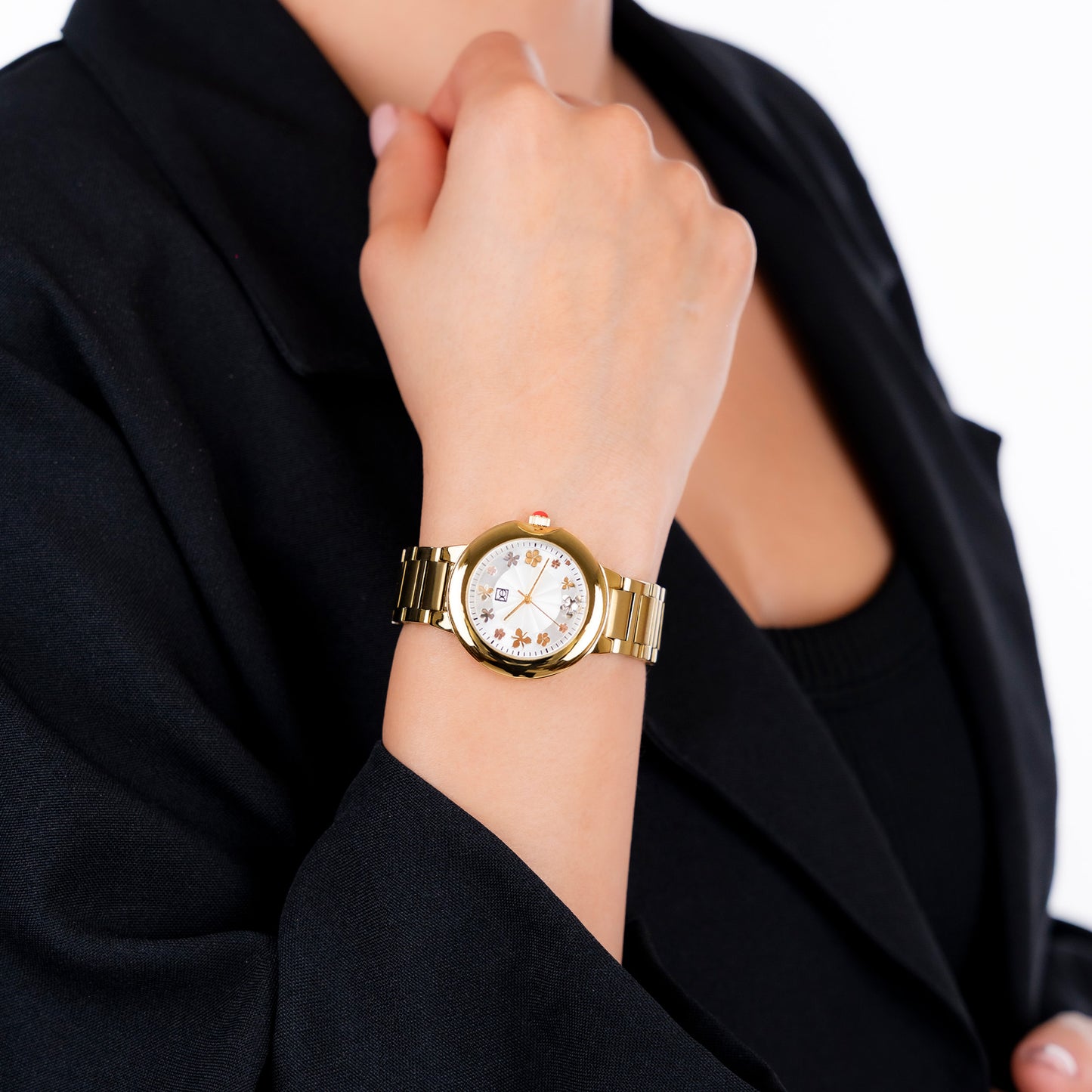 Reloj Cloe Análogo para Dama con Flores en Indicadores y Extensible de Acero Inoxidable OE2621