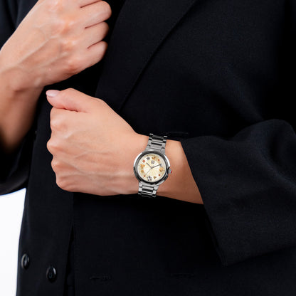 Reloj Cloe Análogo para Dama con Flores en Indicadores y Extensible de Acero Inoxidable OE2621