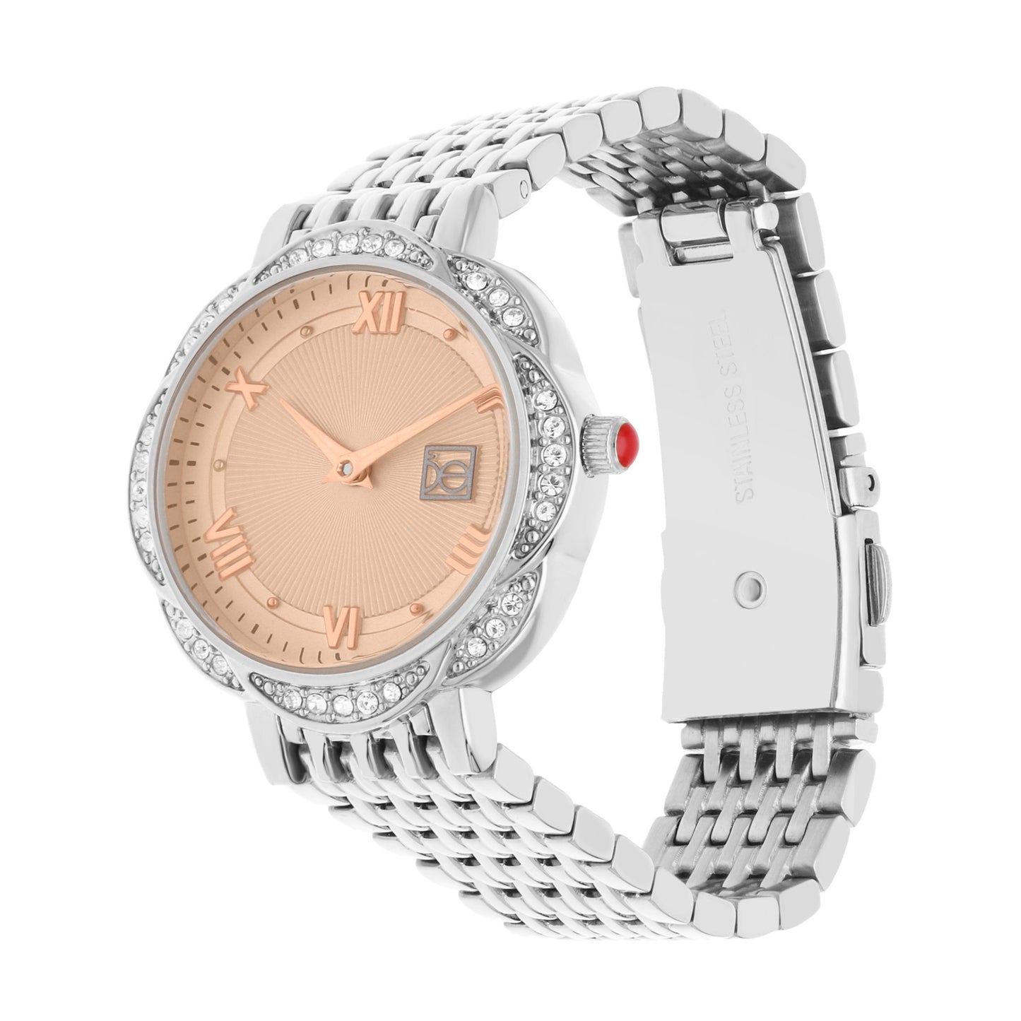 Reloj Cloe Análogo para Dama con Caja en Forma de Flor y Extensible de Acero Inoxidable OE2622