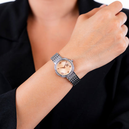 Reloj Cloe Análogo para Dama con Caja en Forma de Flor y Extensible de Acero Inoxidable OE2622