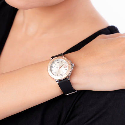 Reloj Cloe Análogo para Dama con Bisel con Simulador y Correa de Silicón