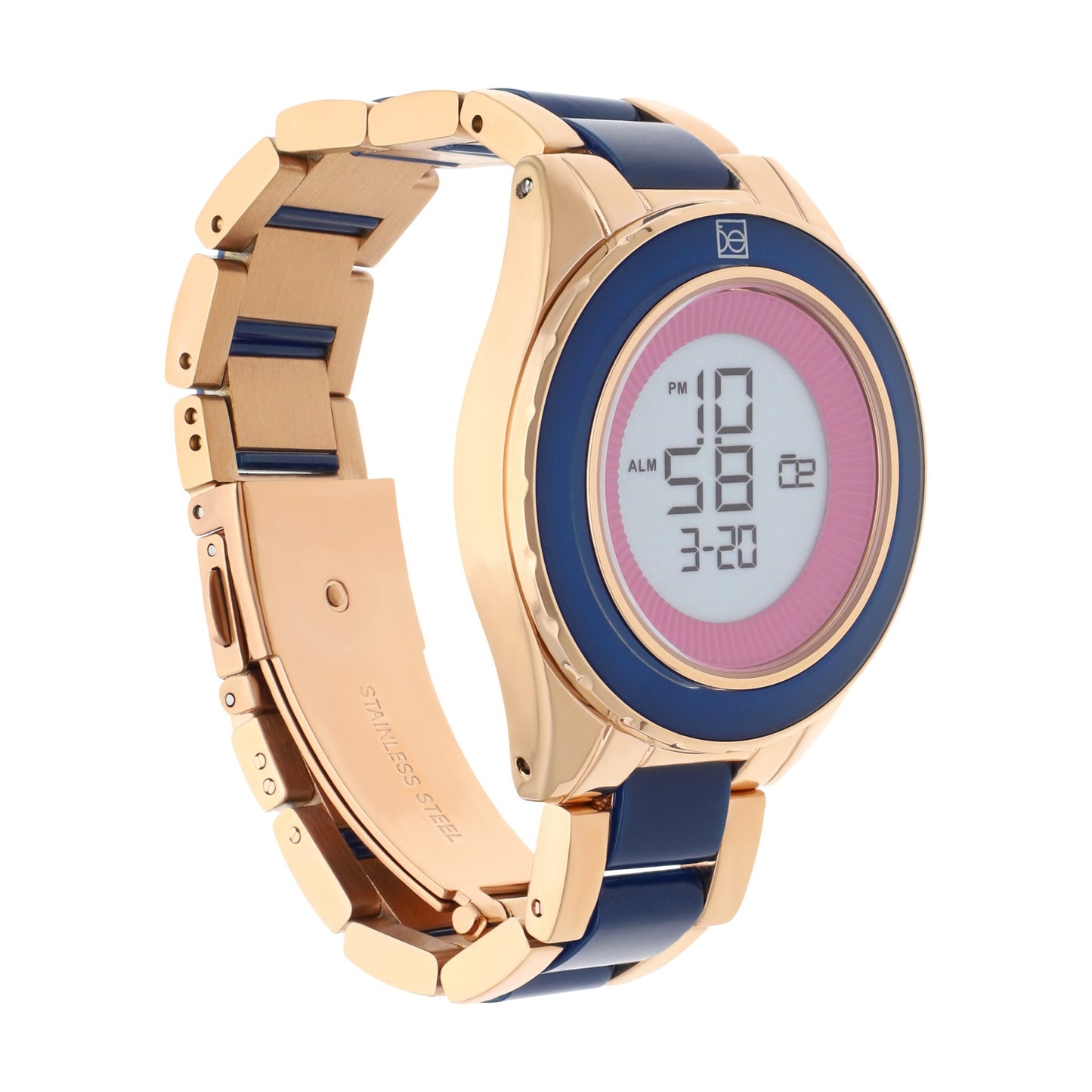 Reloj Cloe Digital para Dama con Bisel Interno Estriado y Extensible de Acero Inoxidable OE2634