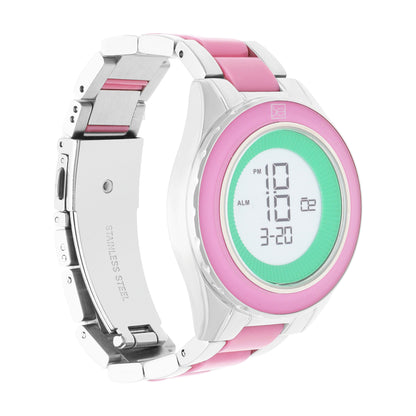Reloj Cloe Digital para Dama con Bisel Interno Estriado y Extensible de Acero Inoxidable OE2634