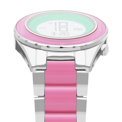Reloj Cloe Digital para Dama con Bisel Interno Estriado y Extensible de Acero Inoxidable OE2634