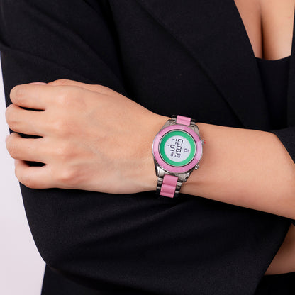 Reloj Cloe Digital para Dama con Bisel Interno Estriado y Extensible de Acero Inoxidable OE2634