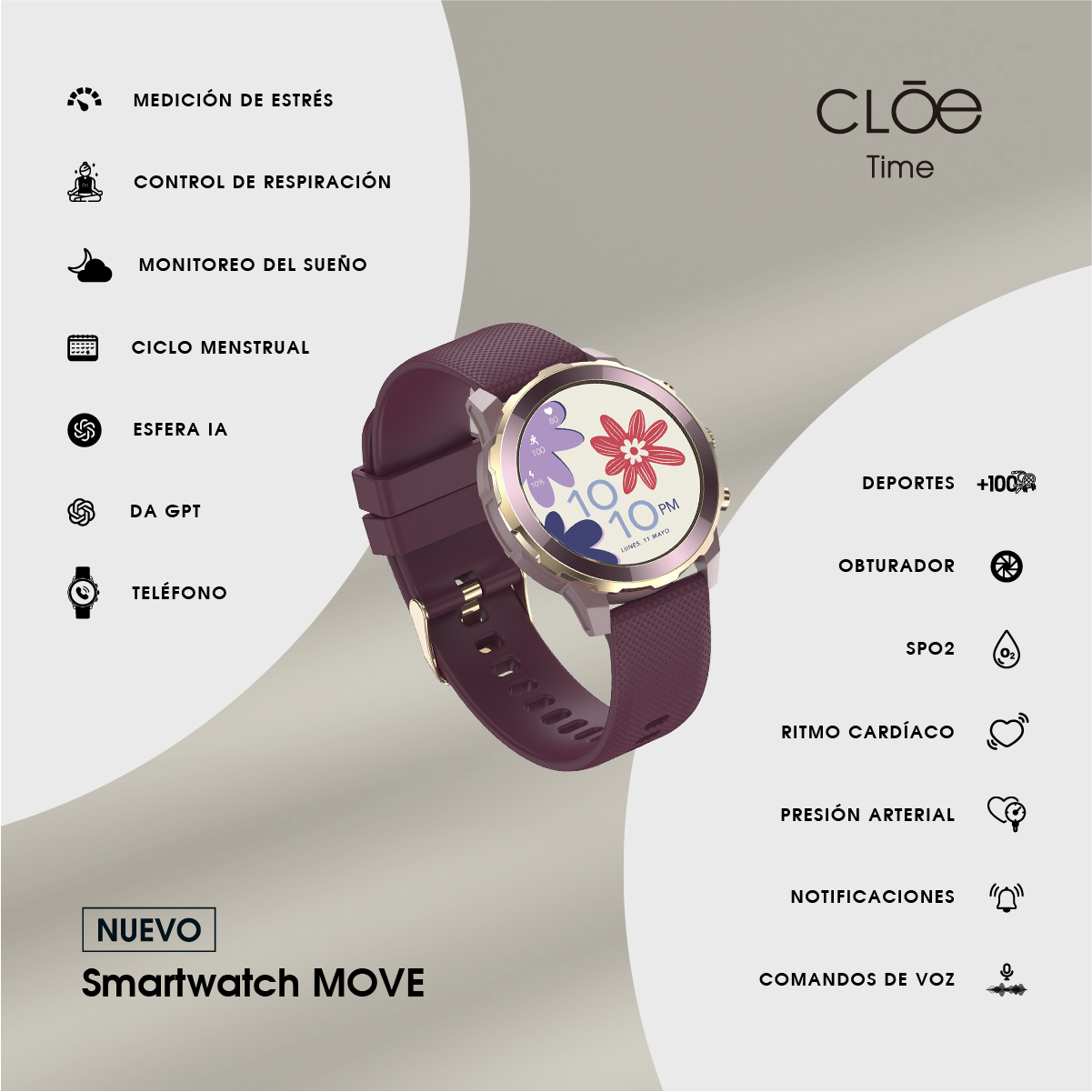 Smartwatch Cloe MOVE para Dama con Inteligencia Artificial Integrada y Correa de Silicón OE2640